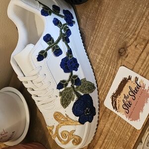 White and Blue Artistic Floral Sneakers